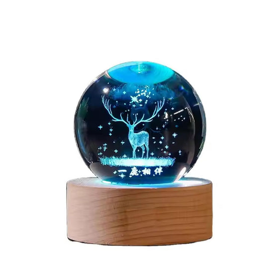 Hamsa 3D Deer Crystal Ball Ornament with Snowflake Stars, with Wooden Base(Deer 16 Color Changing)