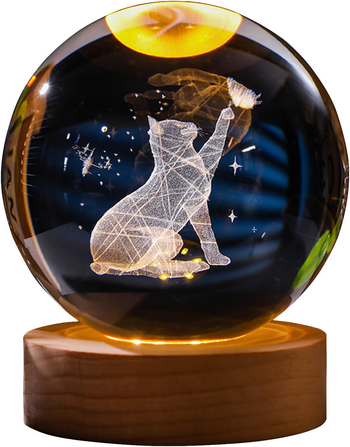 Miramar Cat Crystal Ball Night Light,2.4 inch Glass Ball Night Lamp with Woodern Base,Decorations Gifts for Men,Women,Kids,Boys,Girls,Teens (H- Cat Crystal Ball)