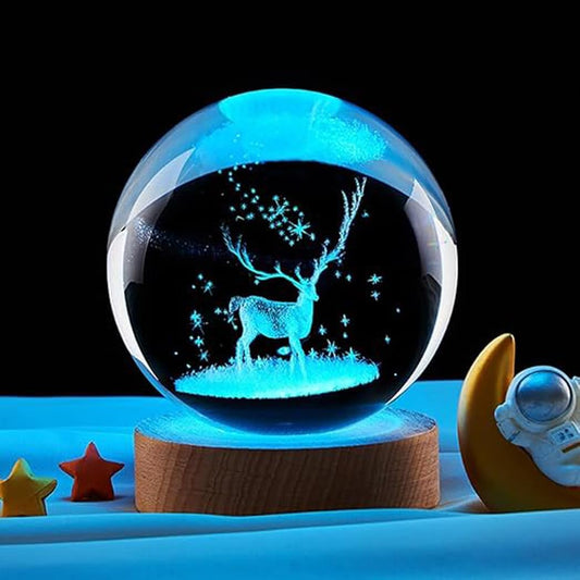 Hamsa 3D Deer Crystal Ball Ornament with Snowflake Stars, with Wooden Base(Deer 16 Color Changing)