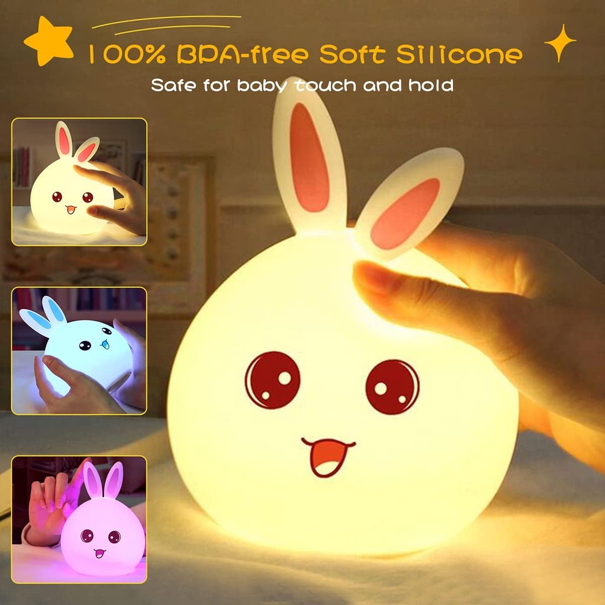 MOGADGET Night Lamp for Kids,Silicone Cute Little Rabbit LED Table Lamp, Birthday Gift for Kids (2-5 Years), Colour Changing with USB Rechargeable Night Light(Rabbit Lamp), Multicolour