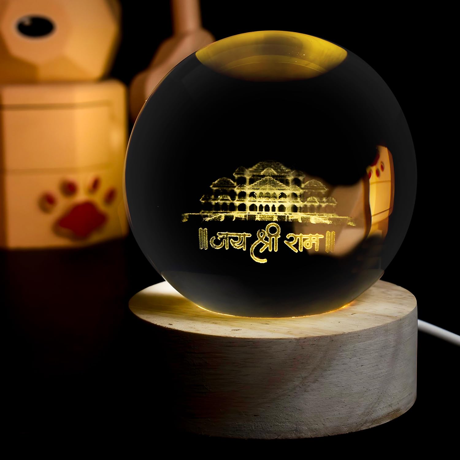 Oblivion 3D Crystal Ball Lamp with LED Radhakrishna Base Light – Radhakrishna - USB Table LED Wooden Crystal Ball, Themed Engraved Decorative Night Lamp for Home Décor, Desk, or Table (1Pc)