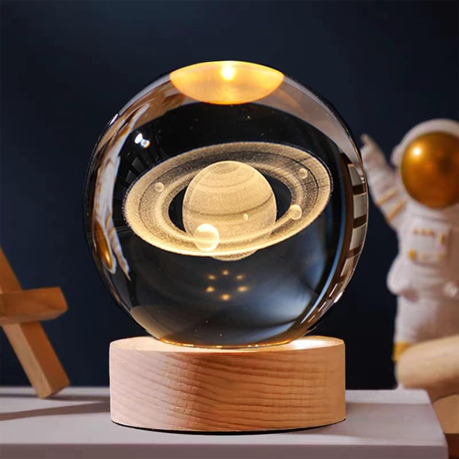 GIGAWATTS 3D Saturn Crystal Ball Night Light USB Table LED Lamp Home Decor Lights with Wooden Base for Home Office Kids Teens (Pack of 1, Warm White)