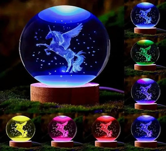 GITGRNTH 3D Crystal Ball Lamp with 16 Colors Changing LED Wooden Base - Solar System Night Light, 3D Crystal Ball, Galaxy Lamp Ball, Galaxy Crystal Ball Light Lamp with USB Powered (16 Color Unicorn)