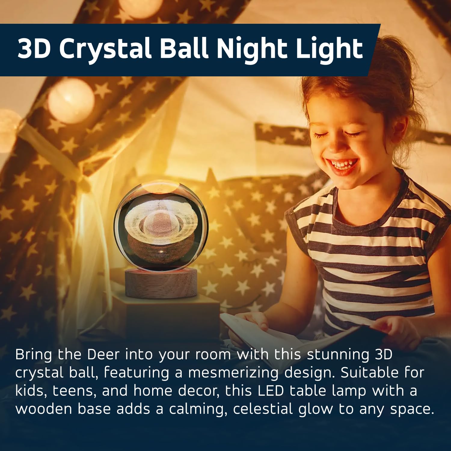 GIGAWATTS 3D Saturn Crystal Ball Night Light USB Table LED Lamp Home Decor Lights with Wooden Base for Home Office Kids Teens (Pack of 1, Warm White)