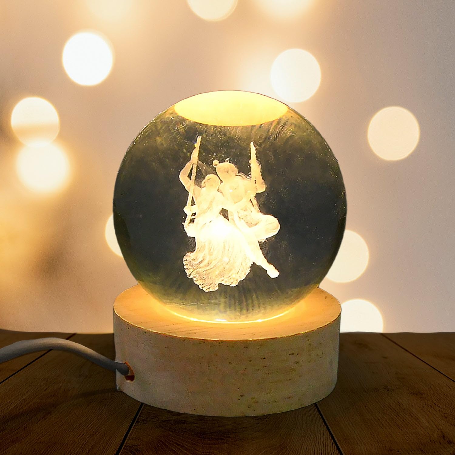 Oblivion 3D Crystal Ball Lamp with LED Radhakrishna Base Light – Radhakrishna - USB Table LED Wooden Crystal Ball, Themed Engraved Decorative Night Lamp for Home Décor, Desk, or Table (1Pc)