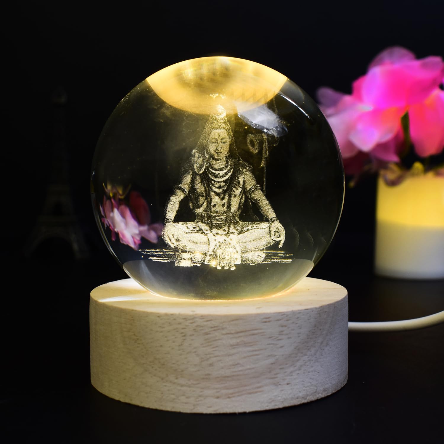 Oblivion 3D Crystal Ball Lamp with LED Radhakrishna Base Light – Radhakrishna - USB Table LED Wooden Crystal Ball, Themed Engraved Decorative Night Lamp for Home Décor, Desk, or Table (1Pc)