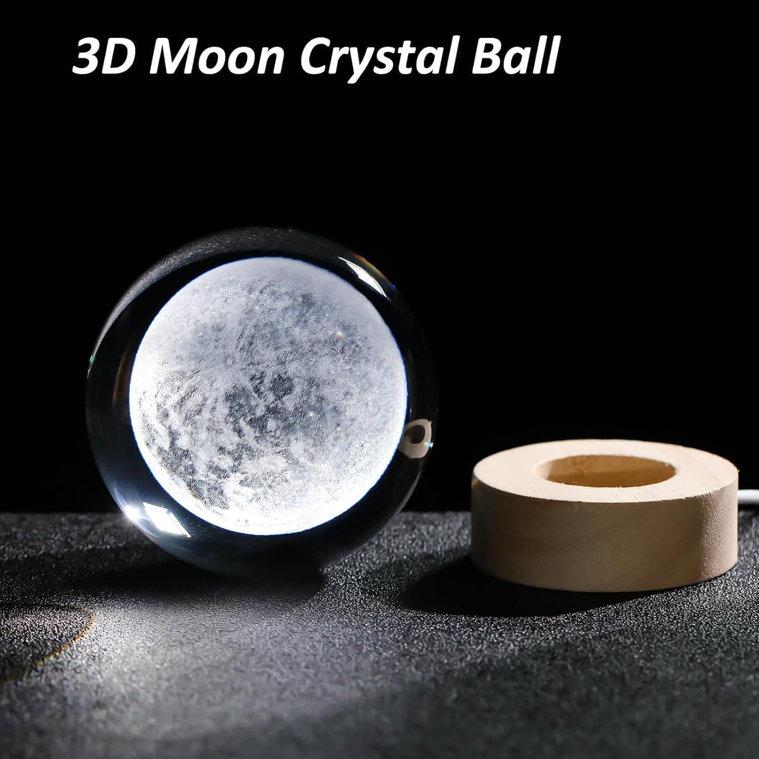 3D Galaxy Crystal Ball Night Lamp,Creative Engraved Warm White Dimmable Crystal Light,USB LED Wooden Base Crystal Lamp for Home,Office,Bedroom,Decoration,Gift for Boys,Girls,Adults (Moon)