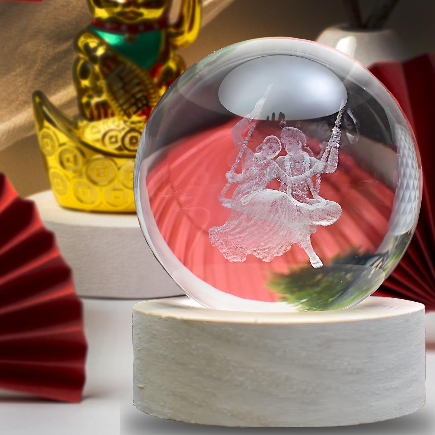 Oblivion 3D Crystal Ball Lamp with LED Radhakrishna Base Light – Radhakrishna - USB Table LED Wooden Crystal Ball, Themed Engraved Decorative Night Lamp for Home Décor, Desk, or Table (1Pc)