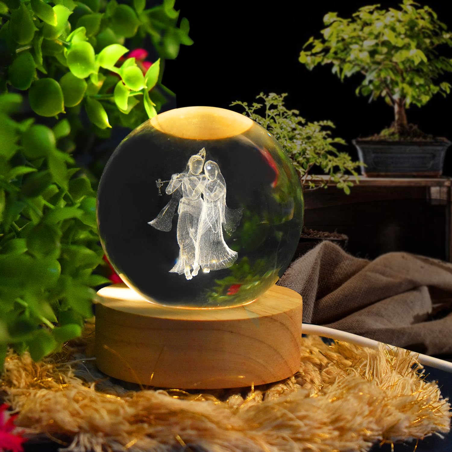 Oblivion 3D Crystal Ball Lamp with LED Radhakrishna Base Light – Radhakrishna - USB Table LED Wooden Crystal Ball, Themed Engraved Decorative Night Lamp for Home Décor, Desk, or Table (1Pc)