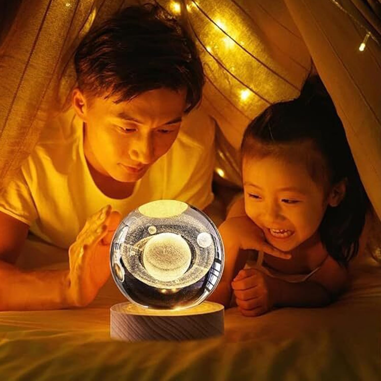 GIGAWATTS 3D Saturn Crystal Ball Night Light USB Table LED Lamp Home Decor Lights with Wooden Base for Home Office Kids Teens (Pack of 1, Warm White)