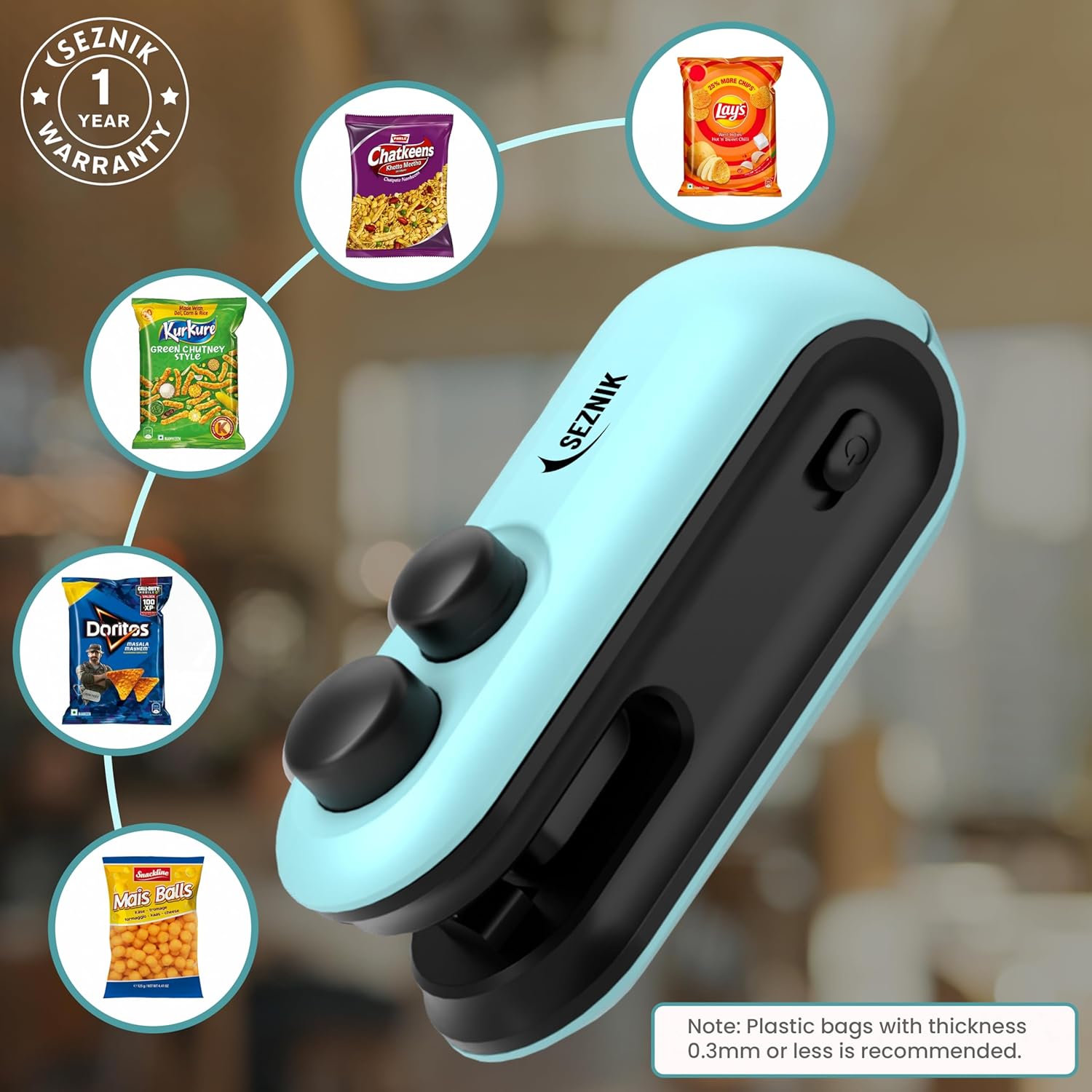 Seznik Portable Mini Sealing Machine, Handheld Packet Sealer for Food, Snacks, Chips, Fresh Storage, Plastic Bags Sealing Machine, 1 YEAR Warranty (SZ-PS03)